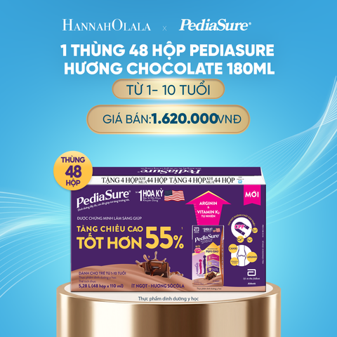  DEAL10: 1 THÙNG 48 HỘP PEDIASURE HƯƠNG CHOCOLATE 180ML 