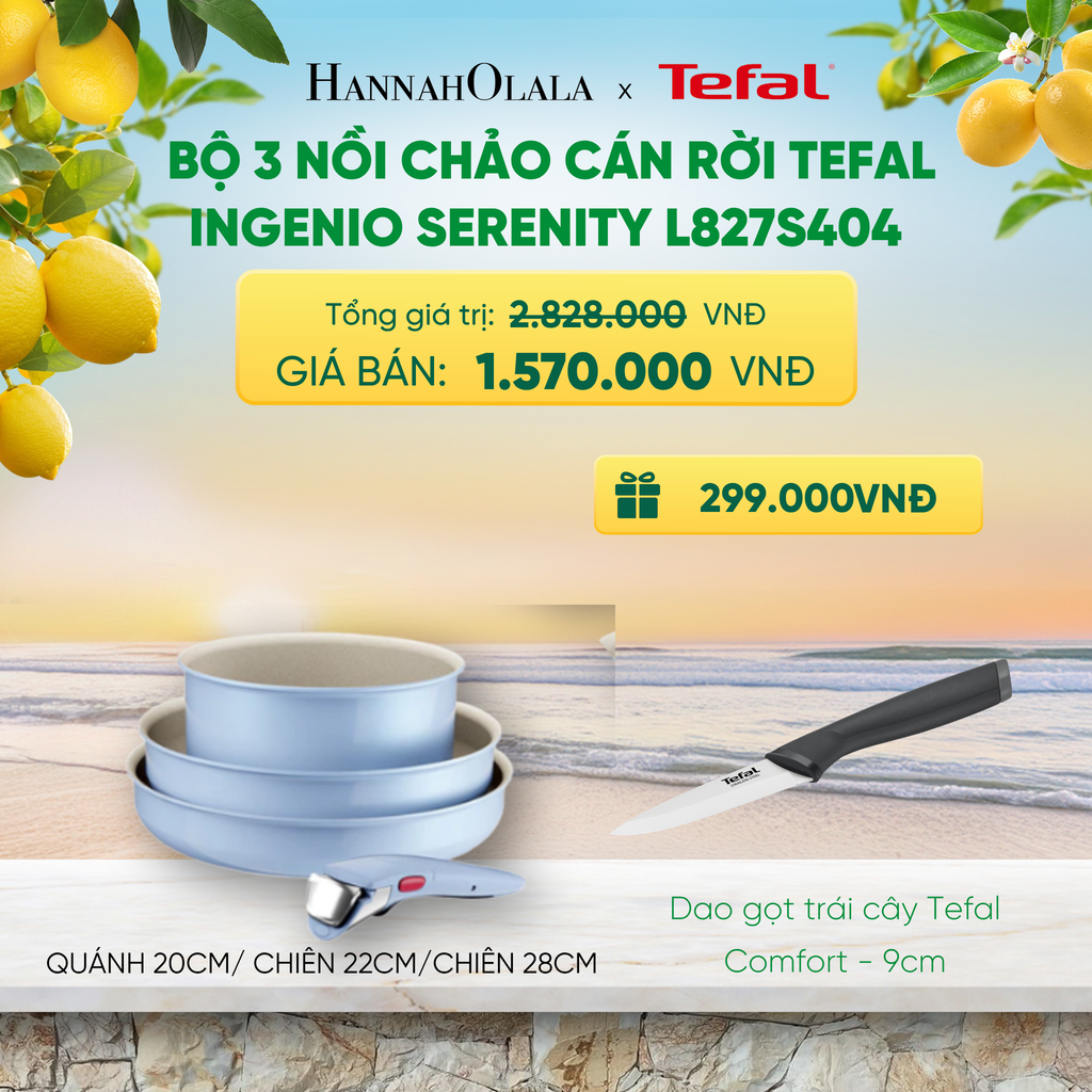  BỘ 3 NỒI CHẢO CÁN RỜI TEFAL INGENIO SERENITY L827S404, QUÁNH 20CM/ CHIÊN 22CM/CHIÊN 28CM 