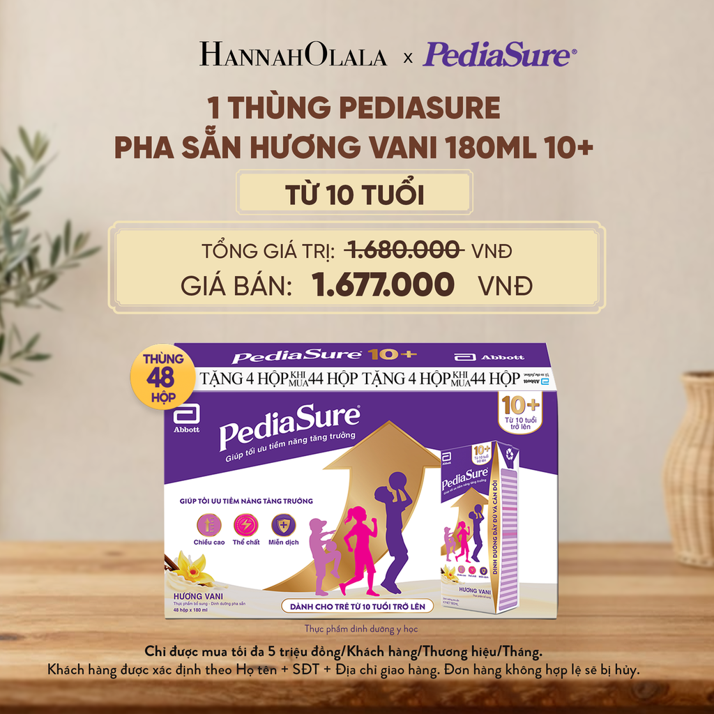  1 THÙNG PEDIASURE PHA SẴN HƯƠNG VANI 180ML 10+ (DÙNG CHO BÉ TRÊN 10 TUỔI) DEAL 10: - D43 