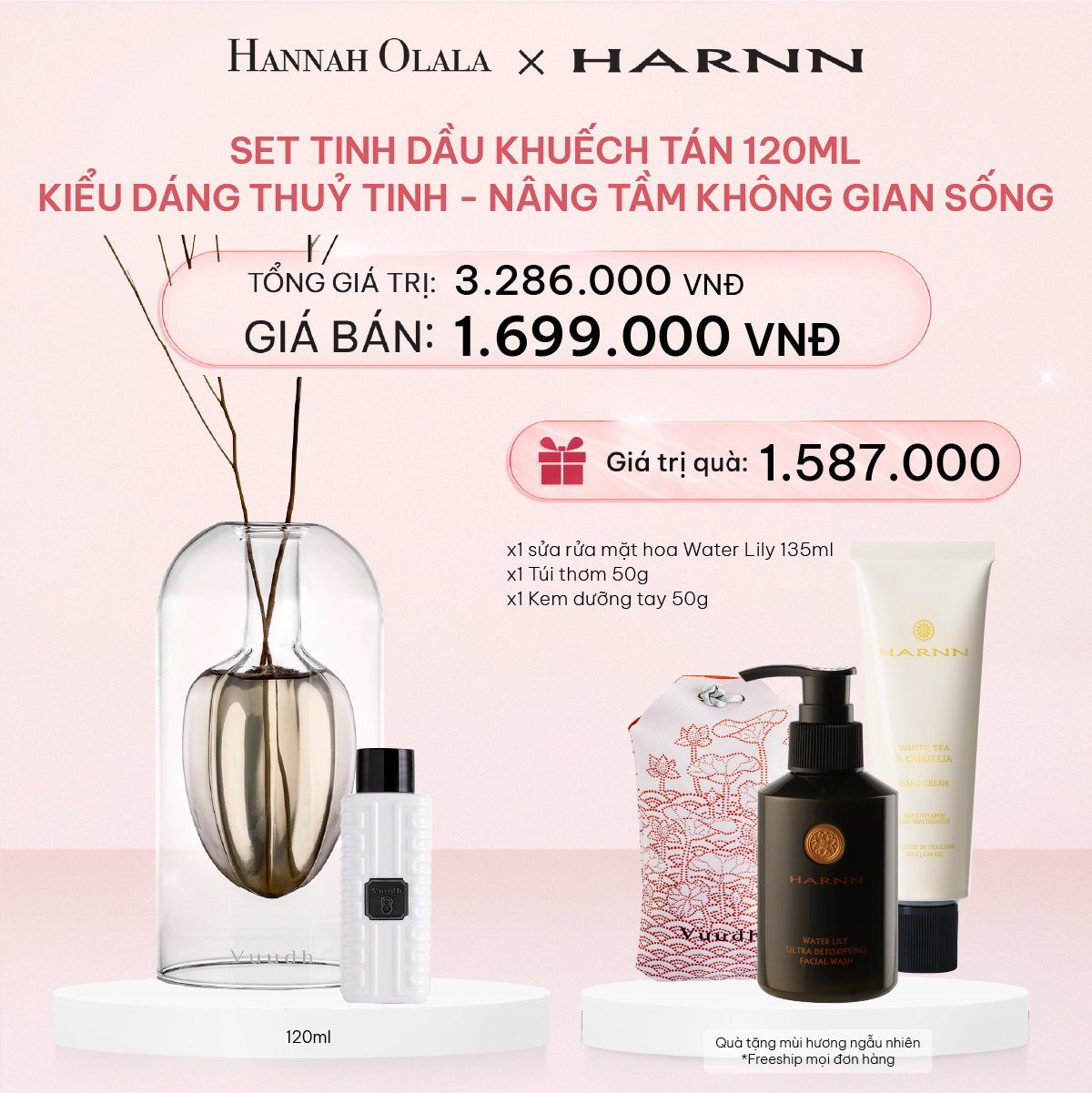  E454_DEAL 10: SET TINH DẦU KHUẾCH TÁN HARNN VỚI KIỂU DÁNG THUỶ TINH 120ML - NÂNG TẦM KHÔNG GIAN SỐNG 