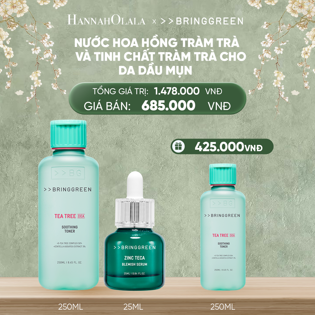  DEAL 9: COMBO NƯỚC HOA HỒNG TRÀM TRÀ BRING GREEN TEA TREE CICA SOOTHING TONER 250ML + TINH CHẤT TRÀM TRÀ BRING GREEN ZINC TECA BLEMISH SERUM DÀNH CHO DA DẦU MỤN 25ML 