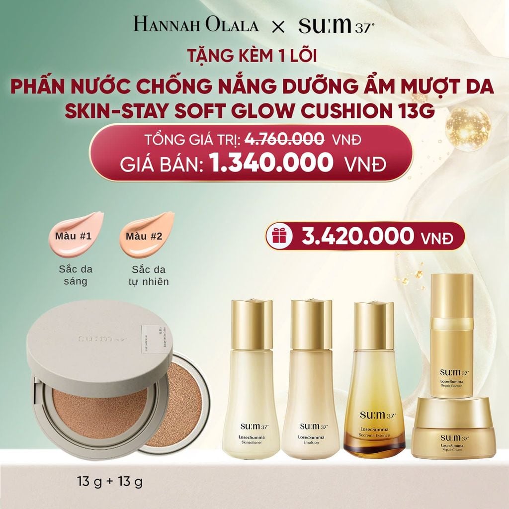  DEAL 37: [TẶNG KÈM 1 LÕI] PHẤN NƯỚC CHỐNG NẮNG DƯỠNG ẨM MƯỢT DA SUM37 SKIN-STAY SOFT GLOW CUSHION 