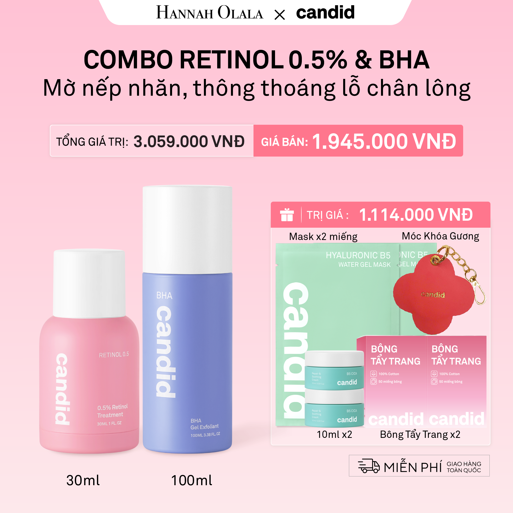 C2_deal 10: retinol 0.5 30ml & bha 100ml bộ đôi làm mờ nếp nhăn, tẩy tế bào chết dịu nhẹ, thông thoáng lỗ chân lông