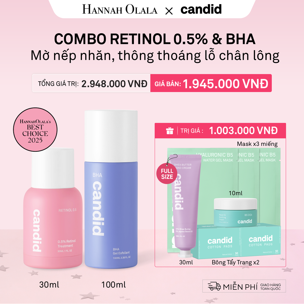  RETINOL 0.5 30ML & BHA 100ML BỘ ĐÔI LÀM MỜ NẾP NHĂN, TẨY TẾ BÀO CHẾT DỊU NHẸ, THÔNG THOÁNG LỖ CHÂN LÔNG - DEAL 10 