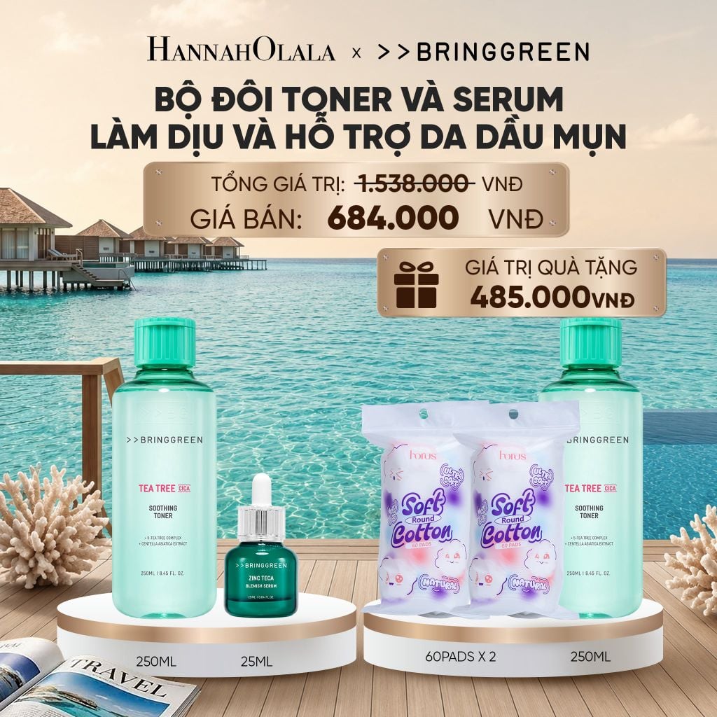  COMBO NƯỚC HOA HỒNG TRÀM TRÀ BRING GREEN TEA TREE CICA SOOTHING TONER 250ML + TINH CHẤT TRÀM TRÀ BRING GREEN ZINC TECA BLEMISH SERUM DÀNH CHO DA DẦU MỤN 25ML_ D963 
