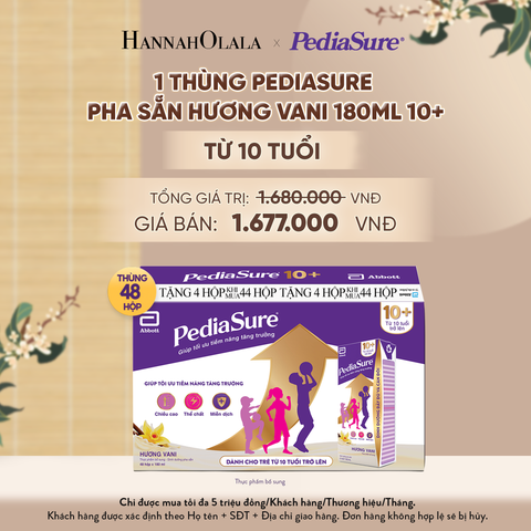 1 THÙNG PEDIASURE PHA SẴN HƯƠNG VANI 180ML 10+ (DÙNG CHO BÉ TRÊN 10 TUỔI) DEAL 10: - A775 