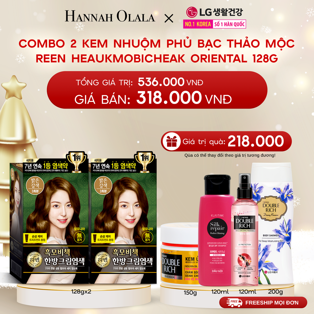  DEAL 23: COMBO 2 KEM NHUỘM TÓC PHỦ BẠC THẢO MỘC REEN HEAUKMOBICHEAK ORIENTAL HAIR DYE CREAM 128G 