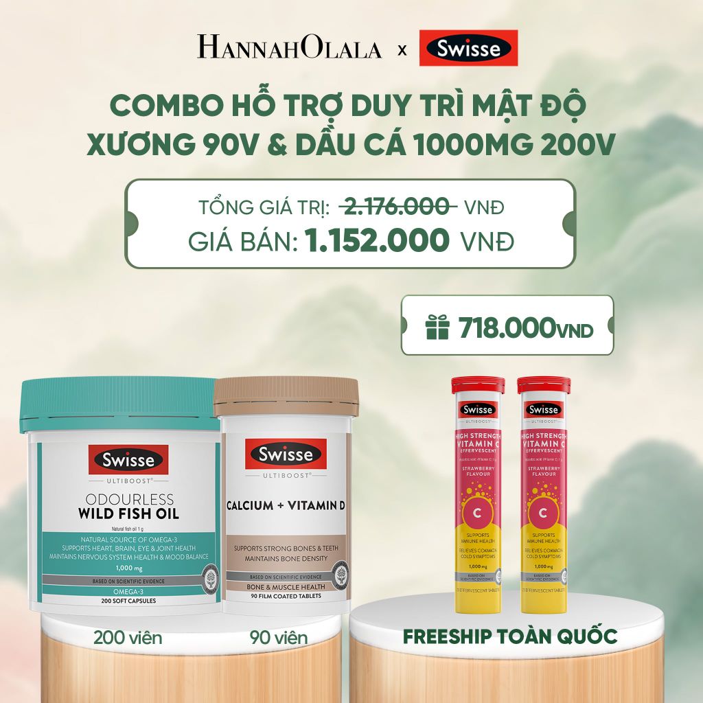  COMBO HỖ TRỢ DUY TRÌ MẬT ĐỘ XƯƠNG SWISSE CALCIUM + VITAMIN D & DẦU CÁ SWISSE ODOURLESS WILD FISH OIL 1000MG 200V - A1075 