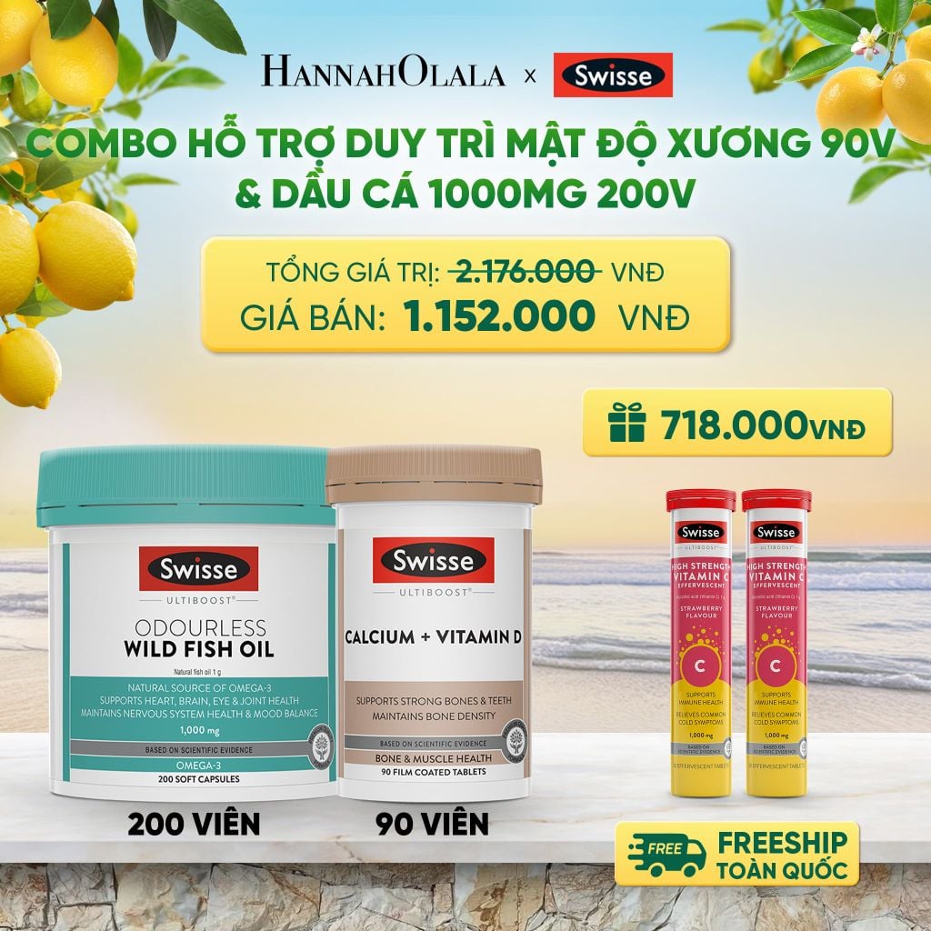  COMBO HỖ TRỢ DUY TRÌ MẬT ĐỘ XƯƠNG SWISSE CALCIUM + VITAMIN D & DẦU CÁ SWISSE ODOURLESS WILD FISH OIL 1000MG 200V _ DEAL 10 - A2128 