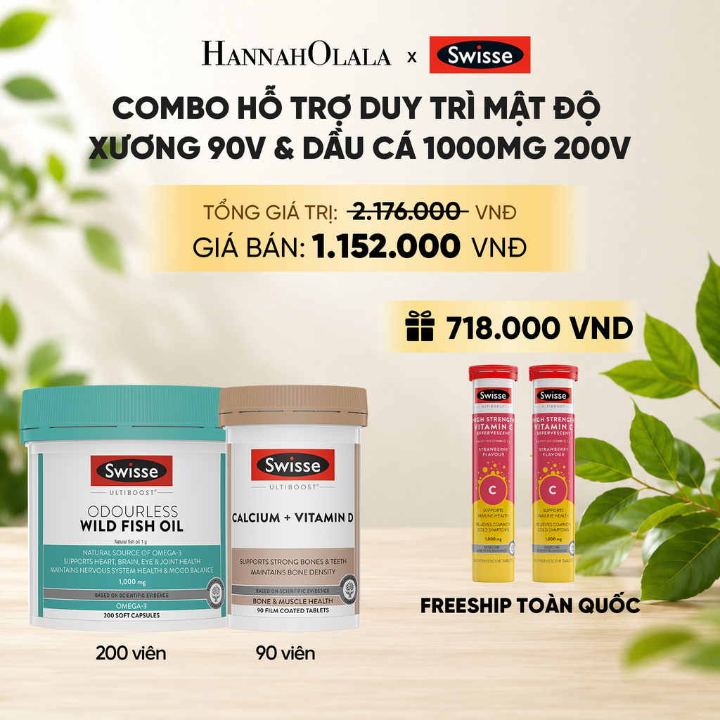  COMBO HỖ TRỢ DUY TRÌ MẬT ĐỘ XƯƠNG SWISSE CALCIUM + VITAMIN D & DẦU CÁ SWISSE ODOURLESS WILD FISH OIL 1000MG 200V _ DEAL 10 