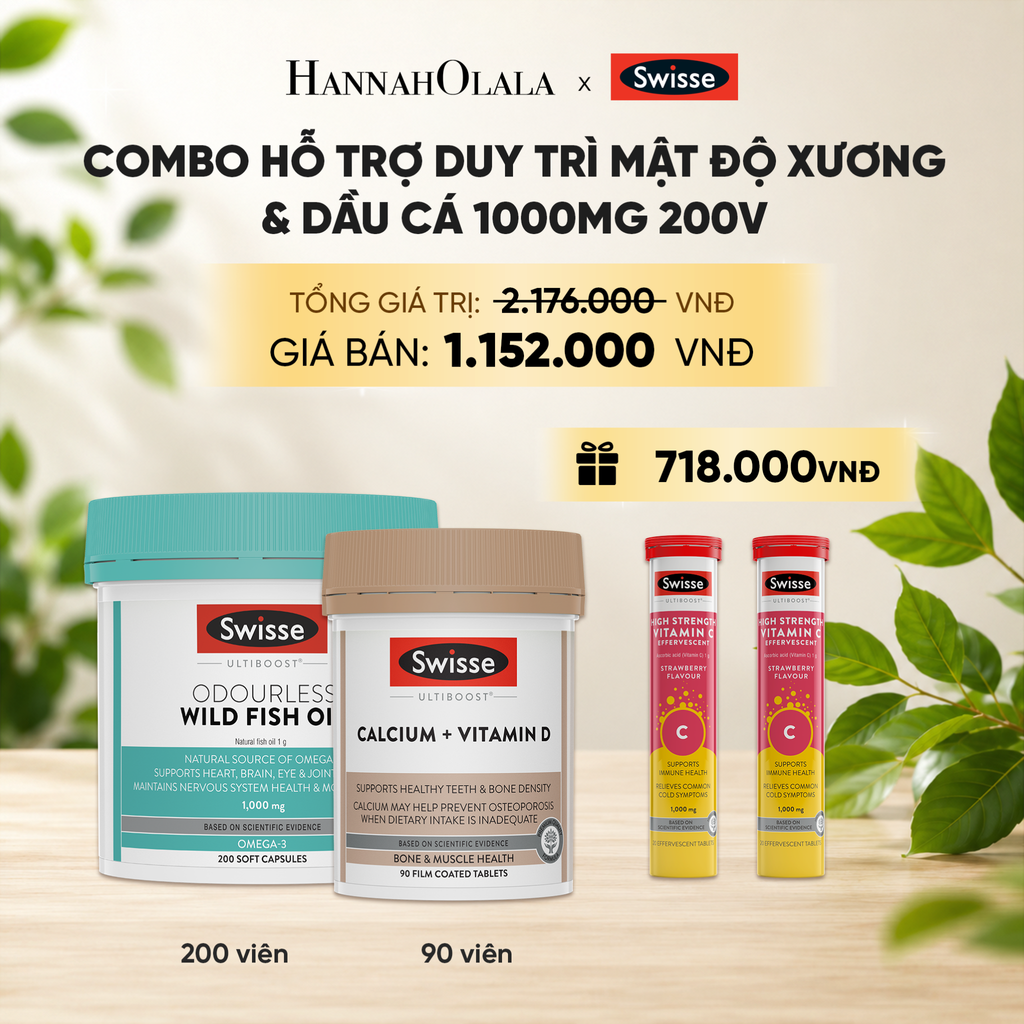  COMBO HỖ TRỢ DUY TRÌ MẬT ĐỘ XƯƠNG SWISSE CALCIUM + VITAMIN D & DẦU CÁ SWISSE ODOURLESS WILD FISH OIL 1000MG 200V _ DEAL 10 