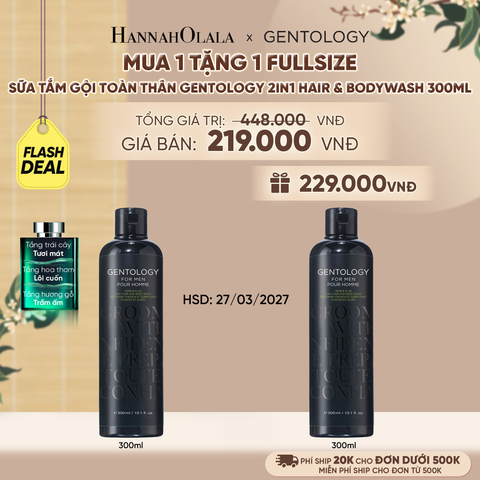  [MUA 1 TẶNG 1 FULLSIZE | HSD: 27.03.2027 ] SỮA TẮM GỘI TOÀN THÂN CHO NAM GENTOLOGY 2IN1 HAIR & BODYWASH 300ML - A2322 