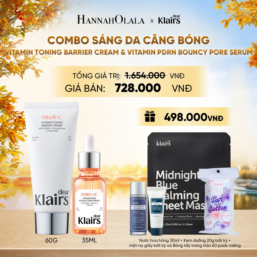  COMBO DEAR KLAIRS KEM DƯỠNG VITAMIN TONING BARRIER CREAM 60G VÀ TINH CHẤT VITAMIN PDRN BOUNCY PORE SERUM 35 ML - E156 