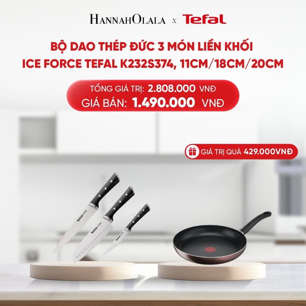  B217_DEAL 15.1: BỘ DAO THÉP ĐỨC 3 MÓN LIỀN KHỐI ICE FORCE TEFAL K232S374, 11CM/18CM/20CM 