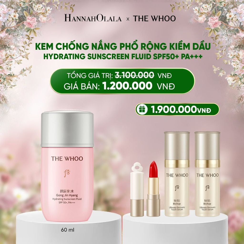 DEAL 12: KEM CHỐNG NẮNG PHỔ RỘNG KIỀM DẦU THE WHOO GONGJINHYANG HYDRATING SUNSCREEN FLUID SPF50+ PA+++ 60ML 