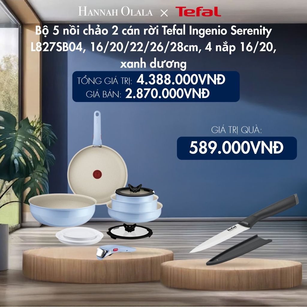  M127_DEAL 12.1: BỘ 5 NỒI CHẢO 2 CÁN RỜI TEFAL INGENIO SERENITY L827SB04, 16/20/22/26/28CM, 4 NẮP 16/20, XANH DƯƠNG 