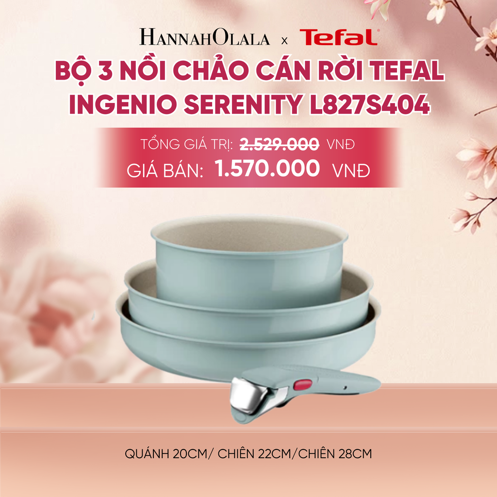  BỘ 3 NỒI CHẢO CÁN RỜI TEFAL INGENIO SERENITY L827S404, QUÁNH 20CM/ CHIÊN 22CM/CHIÊN 28CM - A374 