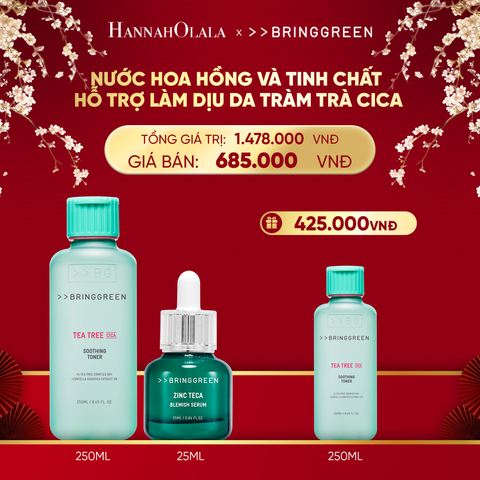  DEAL 9: COMBO NƯỚC HOA HỒNG TRÀM TRÀ BRING GREEN TEA TREE CICA SOOTHING TONER 250ML + TINH CHẤT TRÀM TRÀ BRING GREEN ZINC TECA BLEMISH SERUM DÀNH CHO DA DẦU MỤN 25ML 