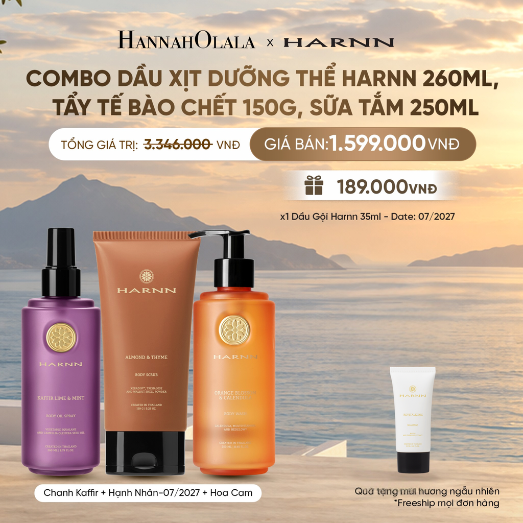  COMBO DẦU XỊT DƯỠNG THỂ HARNN 260ML, BODY SCRUB 150G, SỮA TẮM 250ML - GIÚP LÀM SẠCH & DƯỠNG ẨM CHUYÊN SÂU CHO CƠ THỂ 