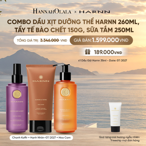  COMBO DẦU XỊT DƯỠNG THỂ HARNN 260ML, BODY SCRUB 150G, SỮA TẮM 250ML - GIÚP LÀM SẠCH & DƯỠNG ẨM CHUYÊN SÂU CHO CƠ THỂ 