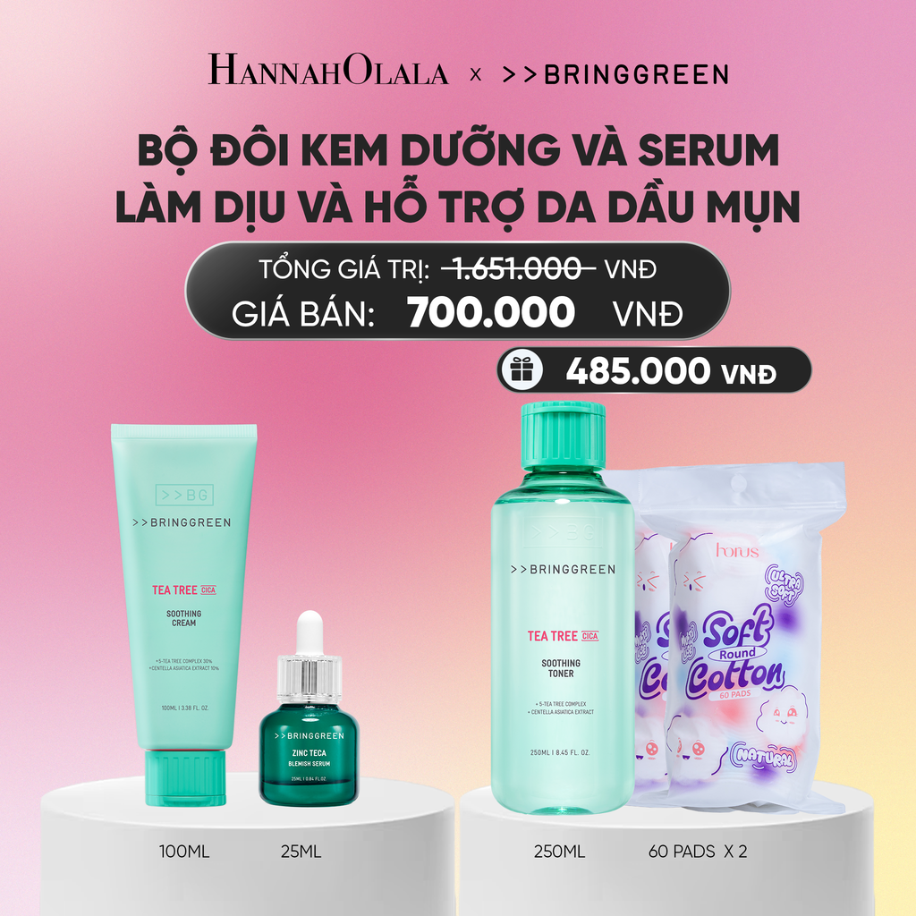  COMBO KEM DƯỠNG ẨM HỖ TRỢ LÀM DỊU DA TRÀM TRÀ BRING GREEN TEA TREE CICA SOOTHING CREAM 100ML + TINH CHẤT TRÀM TRÀ BRING GREEN ZINC TECA BLEMISH SERUM DÀNH CHO DA DẦU MỤN 25ML_A2025 