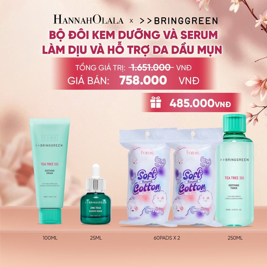  COMBO KEM DƯỠNG ẨM HỖ TRỢ LÀM DỊU DA TRÀM TRÀ BRING GREEN TEA TREE CICA SOOTHING CREAM 100ML + TINH CHẤT TRÀM TRÀ BRING GREEN ZINC TECA BLEMISH SERUM DÀNH CHO DA DẦU MỤN 25ML - A1533 