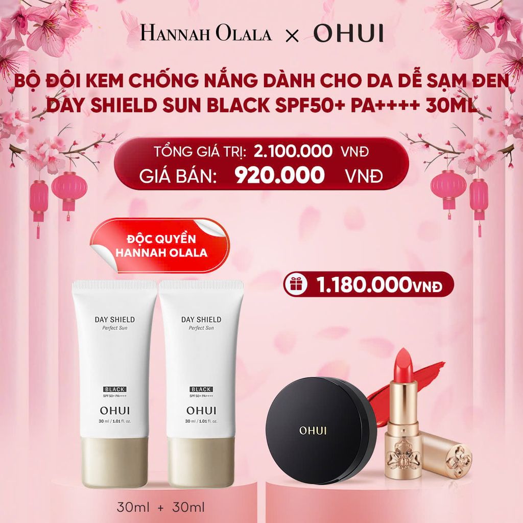  DEAL 11: [ĐỘC QUYỀN HANNAH OLALA] BỘ ĐÔI KEM CHỐNG NẮNG DÀNH CHO DA DỄ SẠM ĐEN OHUI DAY SHIELD SUN BLACK SPF50+ PA++++ 30ML 