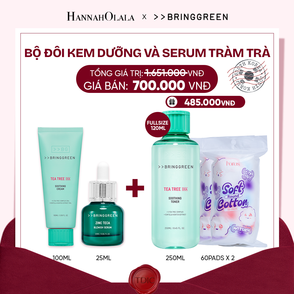  COMBO KEM DƯỠNG ẨM HỖ TRỢ LÀM DỊU DA TRÀM TRÀ BRING GREEN TEA TREE CICA SOOTHING CREAM 100ML + TINH CHẤT TRÀM TRÀ BRING GREEN ZINC TECA BLEMISH SERUM DÀNH CHO DA DẦU MỤN 25ML_M41 