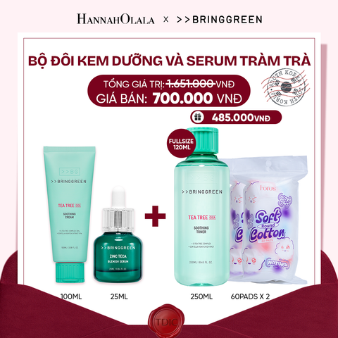  COMBO KEM DƯỠNG ẨM HỖ TRỢ LÀM DỊU DA TRÀM TRÀ BRING GREEN TEA TREE CICA SOOTHING CREAM 100ML + TINH CHẤT TRÀM TRÀ BRING GREEN ZINC TECA BLEMISH SERUM DÀNH CHO DA DẦU MỤN 25ML_M41 