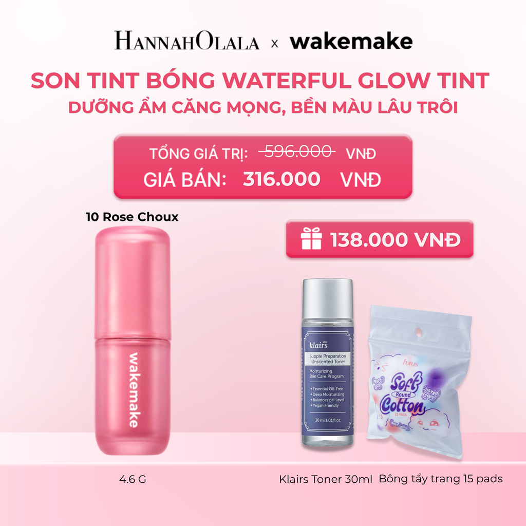  SON TINT BÓNG WAKEMAKE WATERFUL GLOW TINT DƯỠNG ẨM CĂNG MỌNG, BỀN MÀU LÂU TRÔI 