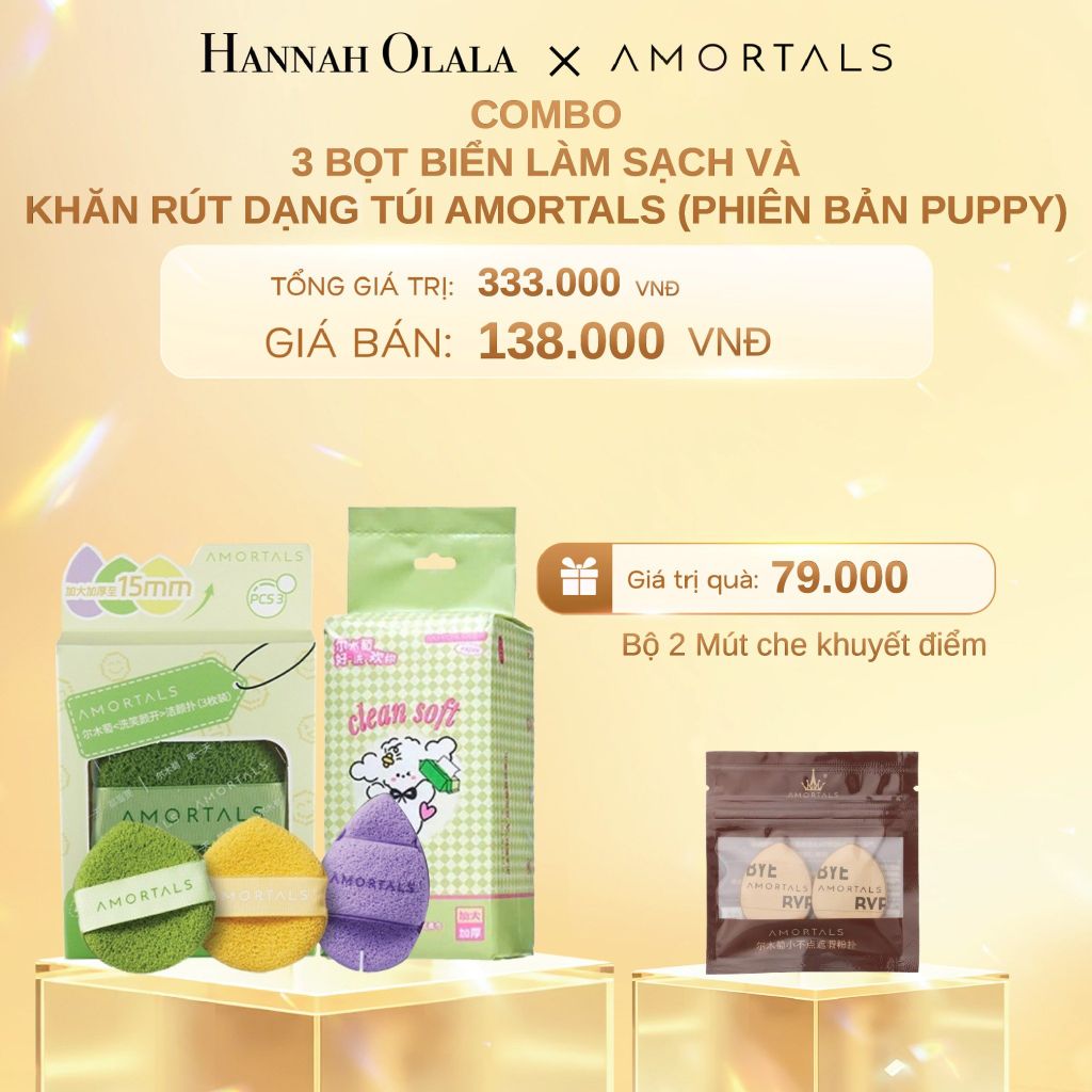  C799_DEAL 2: COMBO 3 BỌT BIỂN LÀM SẠCH VÀ KHĂN RÚT DẠNG TÚI AMORTALS (PHIÊN BẢN PUPPY) 
