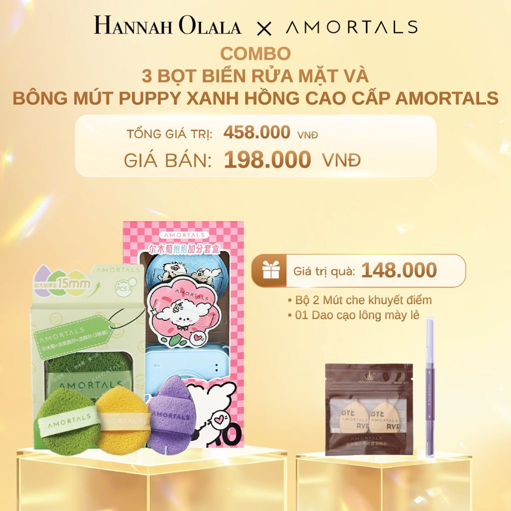  C801_DEAL 4: COMBO 3 BỌT BIỂN RỬA MẶT VÀ BÔNG MÚT PUPPY XANH HỒNG CAO CẤP AMORTALS 