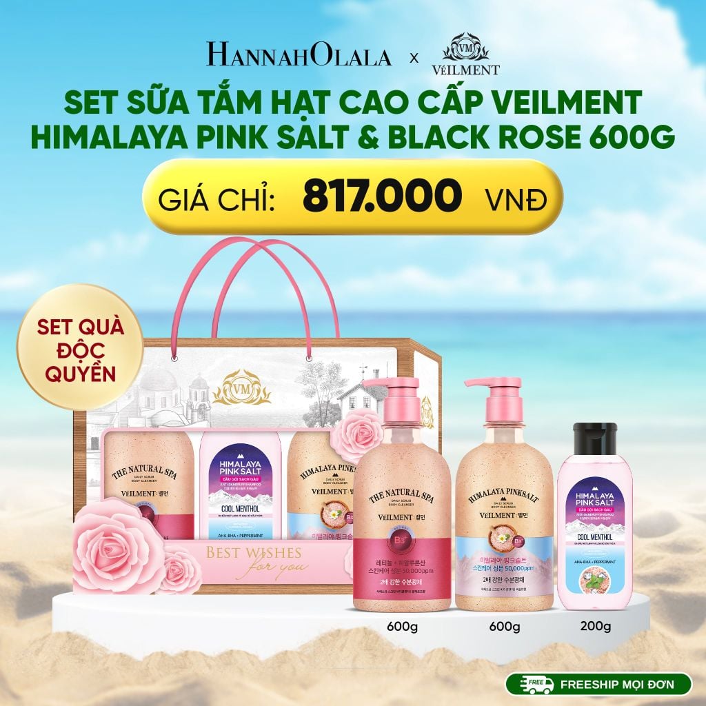  DEAL 27: SET ĐỘC QUYỀN- SỮA TẮM HẠT CAO CẤP VEILMENT HIMALAYA PINK SALT & BLACKROSE 600G 