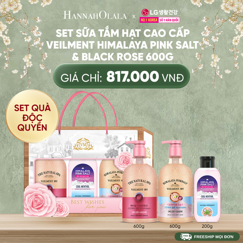  DEAL 49:SET ĐỘC QUYỀN- SỮA TẮM HẠT CAO CẤP VEILMENT HIMALAYA PINK SALT & BLACKROSE 600G 