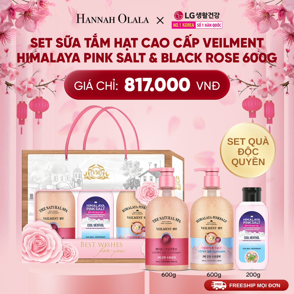  DEAL 49_SET ĐỘC QUYỀN- SỮA TẮM HẠT CAO CẤP VEILMENT HIMALAYA PINK SALT & BLACKROSE 600G 