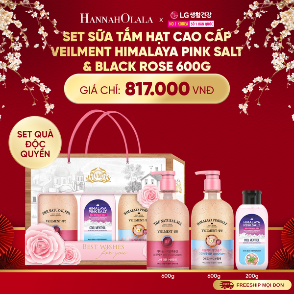  DEAL50:SET ĐỘC QUYỀN- SỮA TẮM HẠT CAO CẤP VEILMENT HIMALAYA PINK SALT & BLACKROSE 600G 