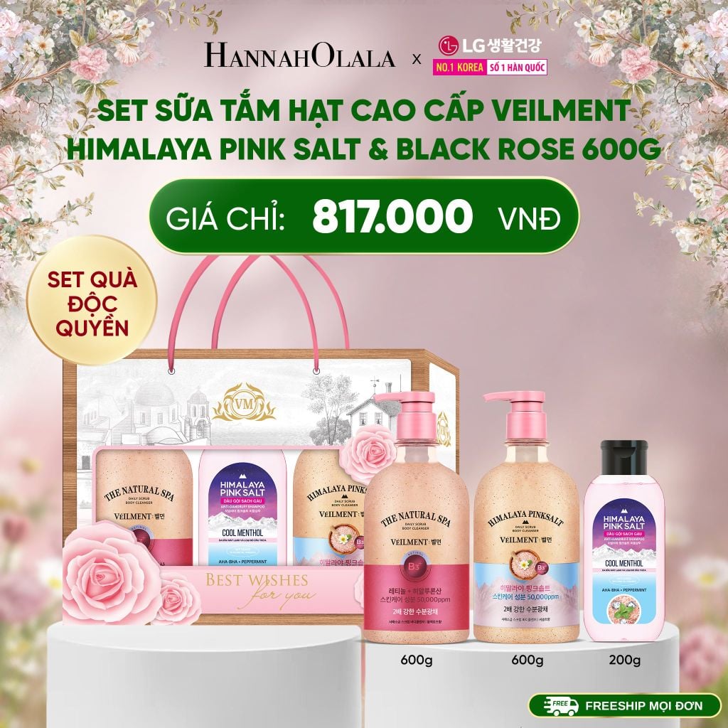 E878_DEAL 44: SET ĐỘC QUYỀN- SỮA TẮM HẠT CAO CẤP VEILMENT HIMALAYA PINK SALT & BLACKROSE 600G 