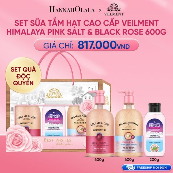  DEAL19:SET ĐỘC QUYỀN- SỮA TẮM HẠT CAO CẤP VEILMENT HIMALAYA PINK SALT & BLACKROSE 600G 