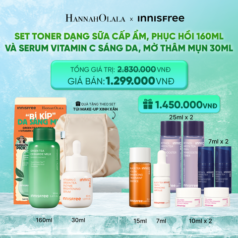  SET TONER DẠNG SỮA CẤP ẨM PHỤC HỒI INNISFREE GREEN TEA CERAMIDE MILK 160ML VÀ SERUM VITAMIN C SÁNG DA MỜ THÂM MỤN INNISFREE GREEN TEA ENZYME BRIGHTENING SERUM 30ML_K206 