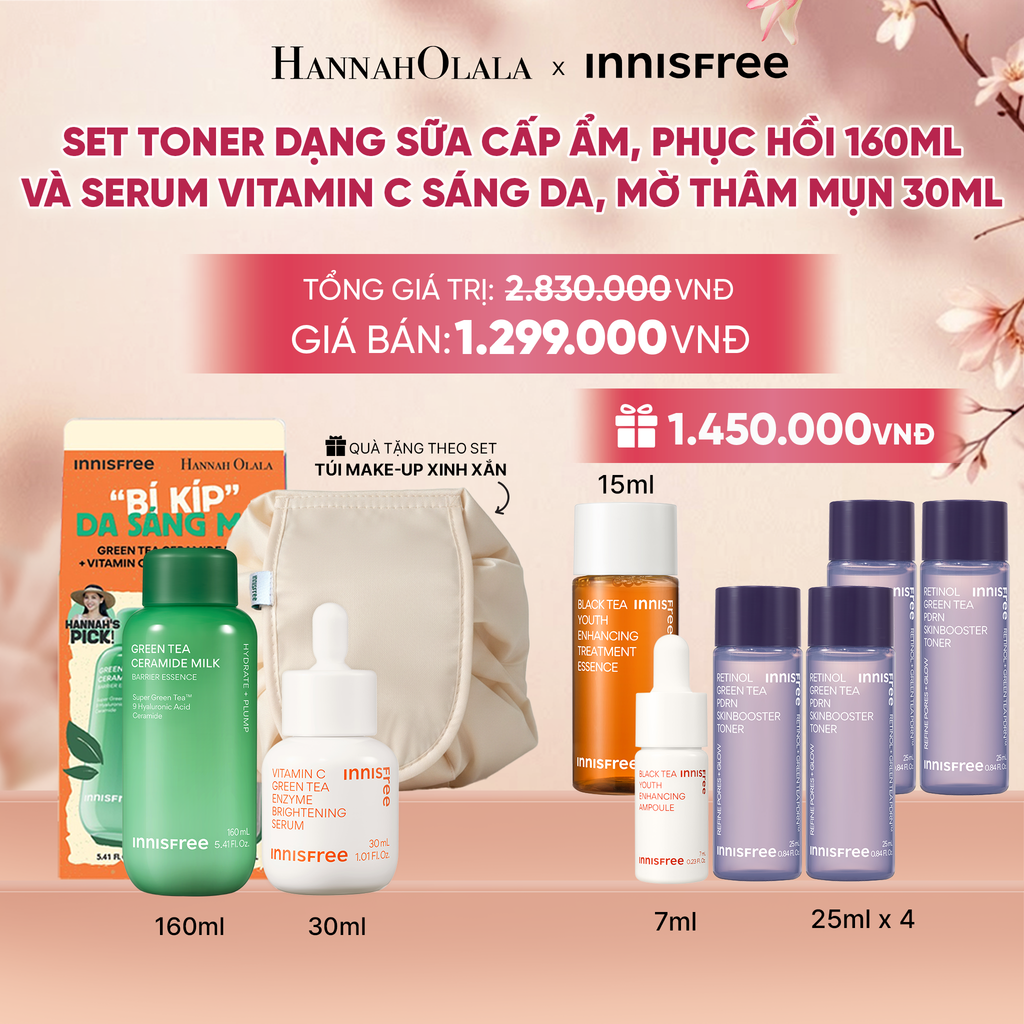  SET TONER DẠNG SỮA CẤP ẨM PHỤC HỒI INNISFREE GREEN TEA CERAMIDE MILK 160ML VÀ SERUM VITAMIN C SÁNG DA MỜ THÂM MỤN INNISFREE GREEN TEA ENZYME BRIGHTENING SERUM 30ML - A1383 