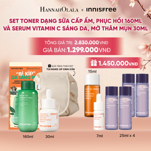  SET TONER DẠNG SỮA CẤP ẨM PHỤC HỒI INNISFREE GREEN TEA CERAMIDE MILK 160ML VÀ SERUM VITAMIN C SÁNG DA MỜ THÂM MỤN INNISFREE GREEN TEA ENZYME BRIGHTENING SERUM 30ML - A1383 