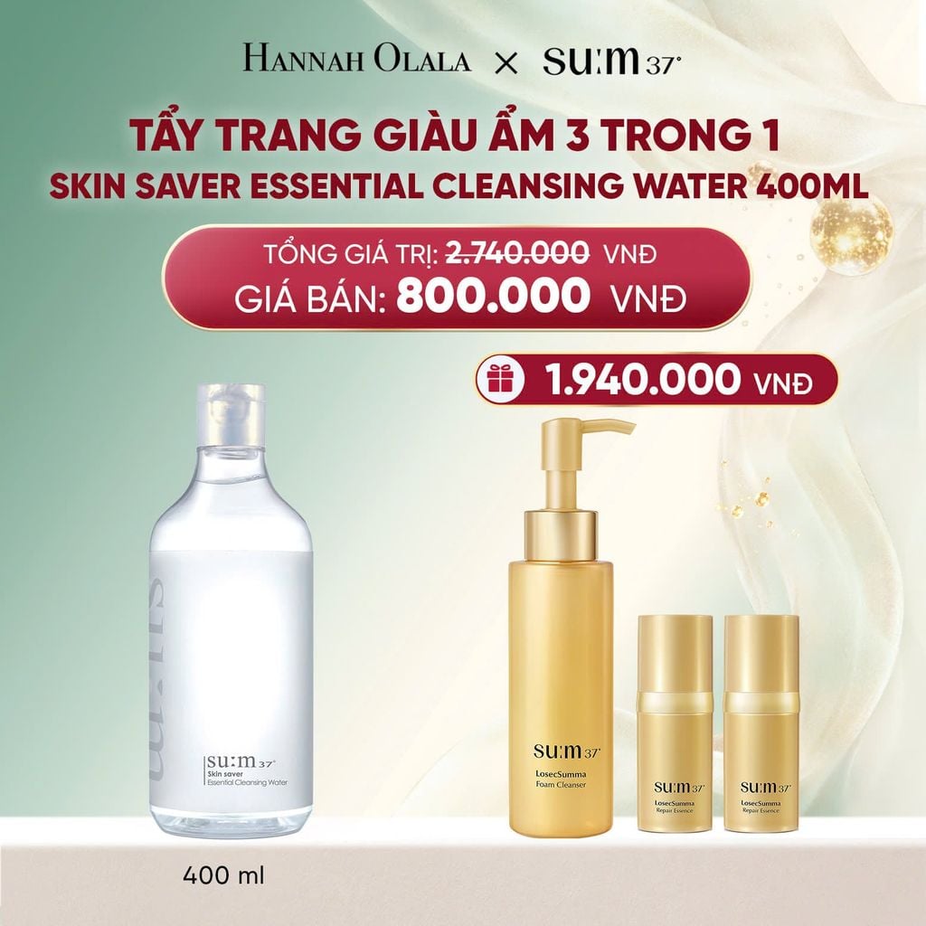  DEAL 39: TẨY TRANG GIÀU ẨM 3 TRONG 1 SU:M37 SKIN SAVER ESSENTIAL CLEANSING WATER 400ML 
