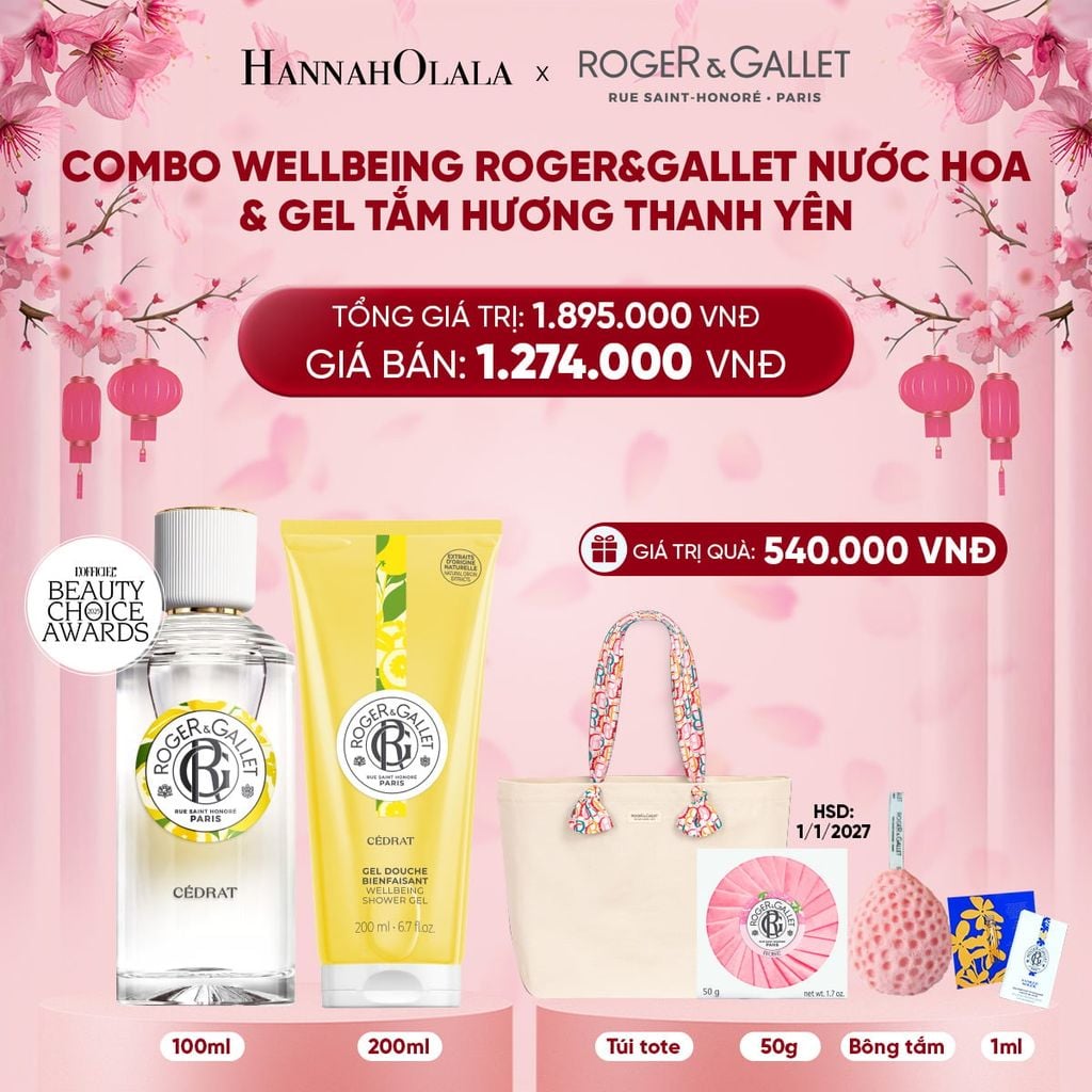  DEAL 3: COMBO LƯU HƯƠNG WELBEING ROGER&GALLLET: NƯỚC HOA 100ML & GEL TẮM 200ML 