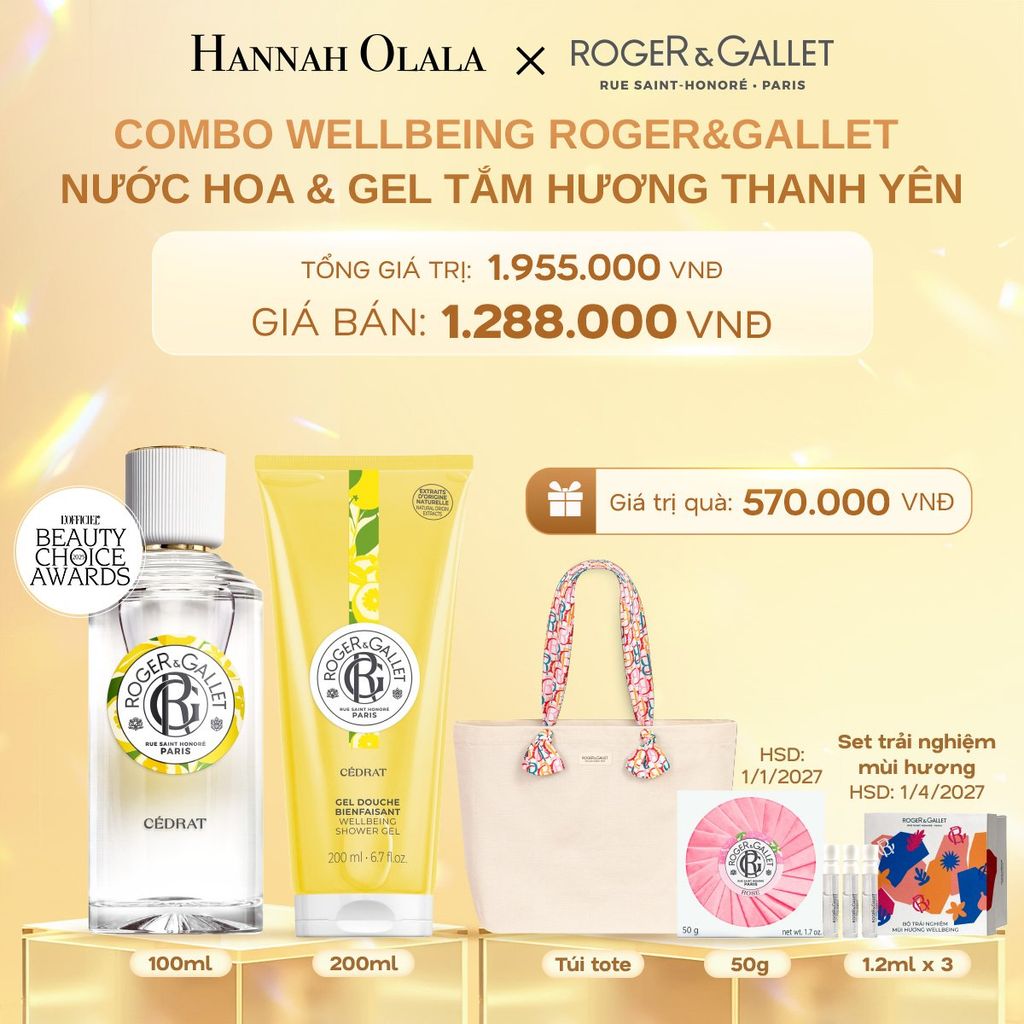  C366_DEAL 3: COMBO LƯU HƯƠNG WELBEING ROGER&GALLLET: NƯỚC HOA 100ML & GEL TẮM 200ML 