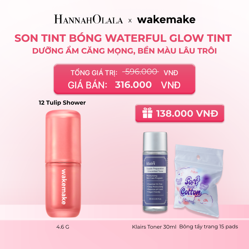  SON TINT BÓNG WAKEMAKE WATERFUL GLOW TINT DƯỠNG ẨM CĂNG MỌNG, BỀN MÀU LÂU TRÔI 