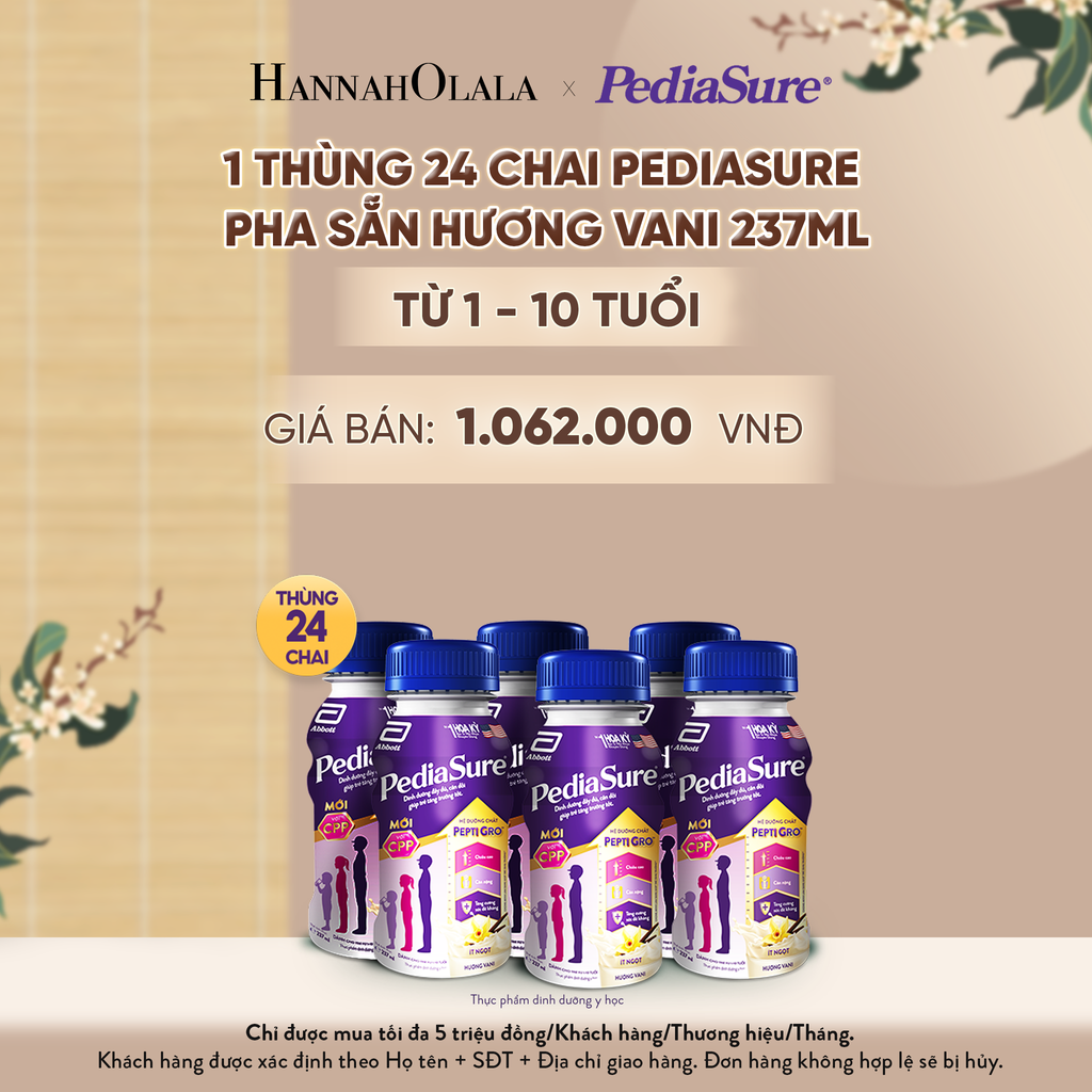  1 THÙNG 24 CHAI PEDIASURE PHA SẴN HƯƠNG VANI 237ML (DÙNG CHO BÉ 1-10 TUỔI) - A795 