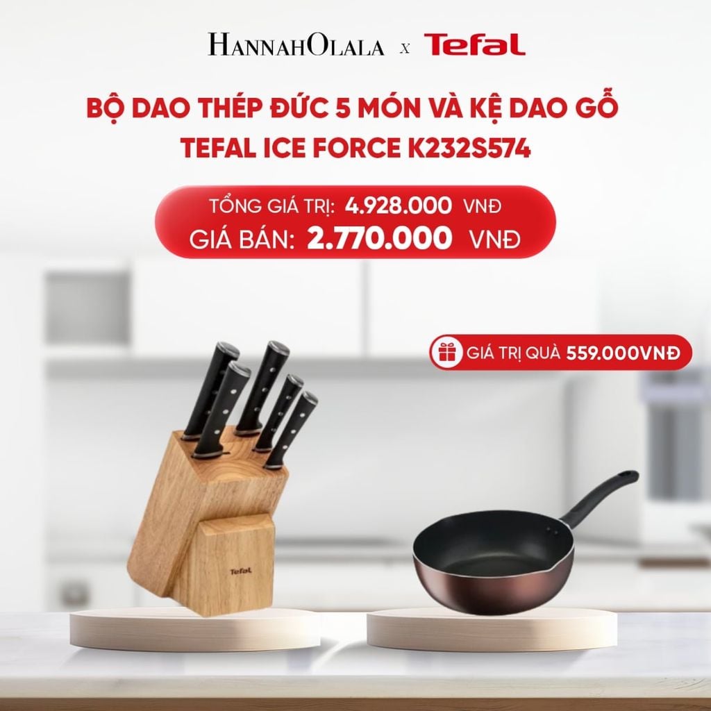  B218_DEAL 15.2: BỘ DAO THÉP ĐỨC 5 MÓN VÀ KỆ DAO GỖ TEFAL ICE FORCE K232S574, 20CM/20CM/18CM/11CM/9CM 