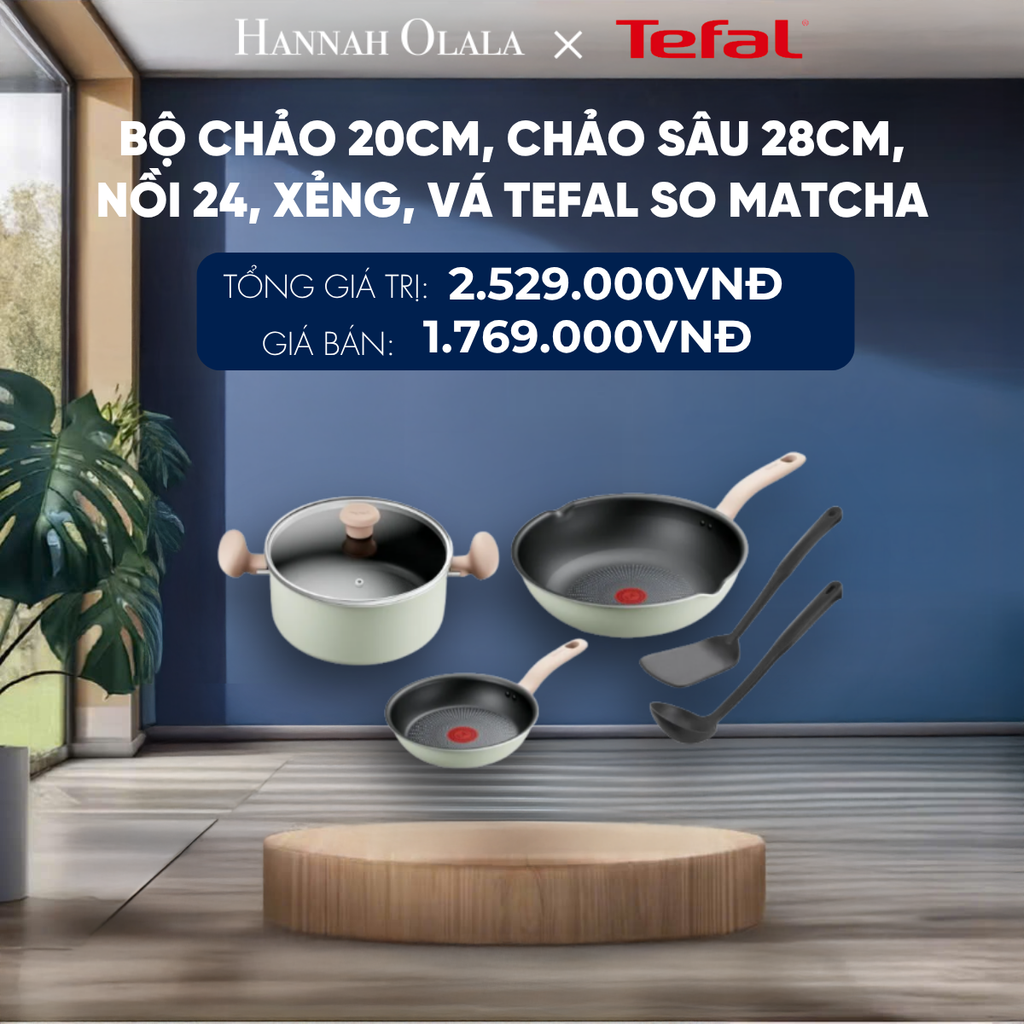  BỘ CHẢO 20CM, CHẢO SÂU 28CM, NỒI 24, XẺNG, VÁ TEFAL SO MATCHA - DEAL 11 