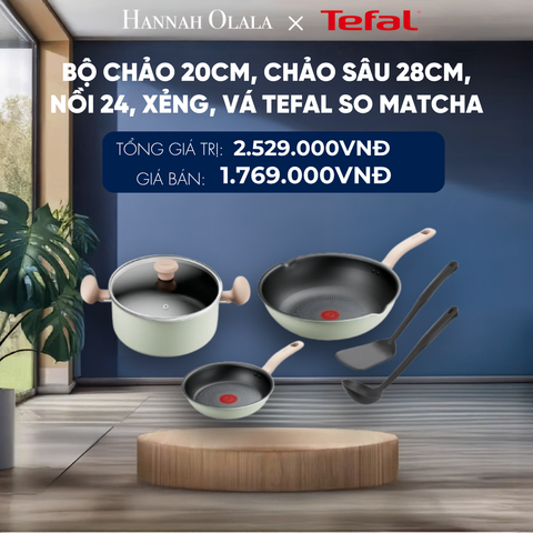  BỘ CHẢO 20CM, CHẢO SÂU 28CM, NỒI 24, XẺNG, VÁ TEFAL SO MATCHA 