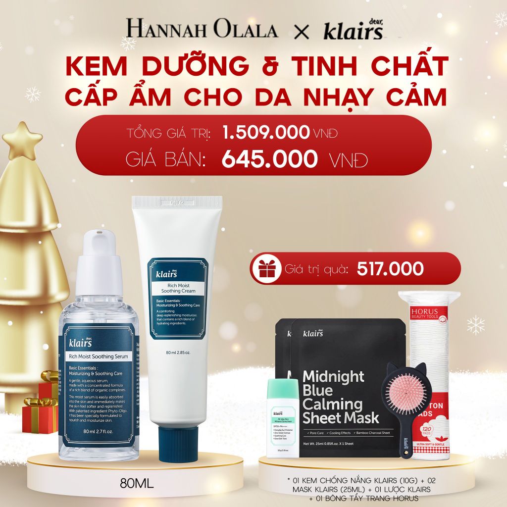  DEAL 9: COMBO CẤP ẨM CHUYỂN SÂU: 1PSC DEAR, KLAIRS TINH CHẤT RICH MOIST SOOTHING SERUM 80ML + 1PCS DEAR, KLAIRS KEM DƯỠNG RICH MOIST SOOTHING CREAM 80G 